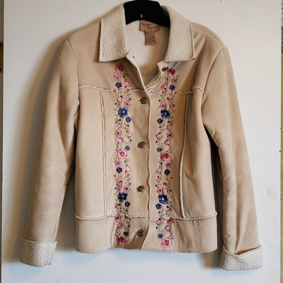 Cream colored Jacket with embroidered flowers down front. - Picture 1 of 4